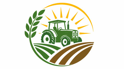 Farm tractor in field with sun and wheat logo. © arifahayu97