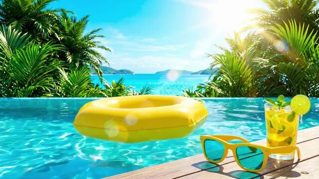 Infinity pool overlooking turquoise ocean in tropical paradise. Yellow inflatable ring floating in clear water near wooden deck. Iced cocktail with lime and mint beside sunglasses under palm trees
