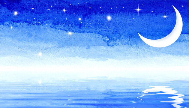 水彩タッチで描かれた夜空と三日月と星　海面への反射が美しい幻想的な青い背景素材　文字入れが可能なコピースペース付きのデザインテンプレート　夜の風景と静寂な雰囲気のWebバナーやSNS投稿用グラフィック素材