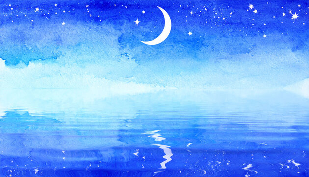 夜空に輝く月と星の水彩画　幻想的な海面への反射が美しい青いグラデーションの背景素材　チラシやバナー制作に活用できる文字入れ用コピースペース付きのイラストレーション