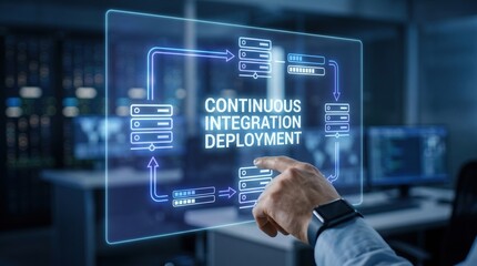Fototapeta premium Holographic screen showing automated continuous integration and deployment, depicting modern software engineering, efficient IT operations, and digital workflow management
