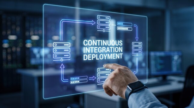 Holographic screen showing automated continuous integration and deployment, depicting modern software engineering, efficient IT operations, and digital workflow management