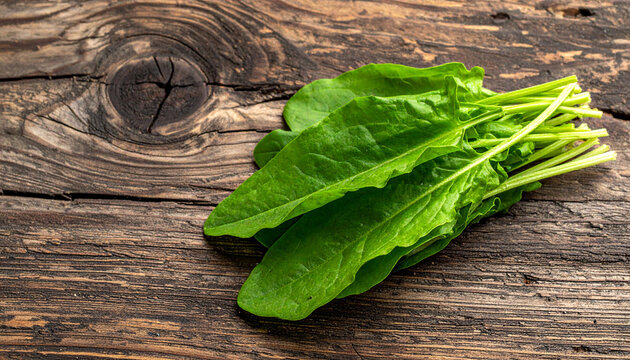 Harvested sorrel on wooden table - close-up shot
