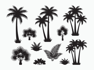 Naklejka premium A collection of black silhouette palm trees and tropical foliage, showcasing different varieties and sizes
