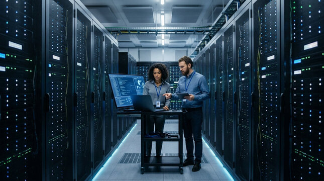 Two IT professionals working in a server room