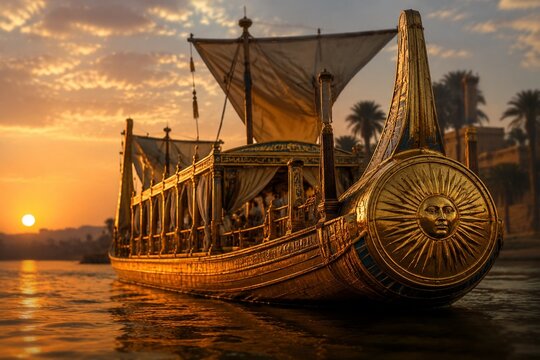 A majestic Nile barge with a gilded sun disk prow sailing at dusk on calm waters.