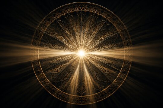A radial metallic structure emits a strong central beam of light against a dark background.