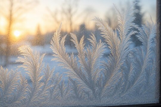 Frosted windowpane with feather-like ice patterns in morning light.