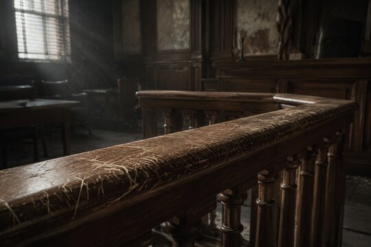 Abandoned courtroom defendant rail with scratch marks, dust motes in light.