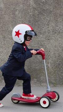 A happy child pretends to be a businessman. Funny kid rides a scooter outdoors. A boy has fun during the summer holidays. Back to school, the concept of a business idea. Slow motion, vertical video