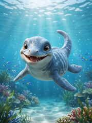 Cute baby plesiosaur swimming underwater in clear blue sea with sunbeams and coral reef digital illustration © Oktaviyuri