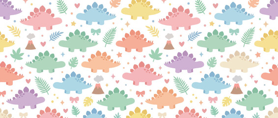 Cute Pastel Dinosaur Pattern with Volcanoes and Leaves © Auranen