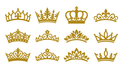 Twelve ornate gold tiara and crown design elements. © perkasa99