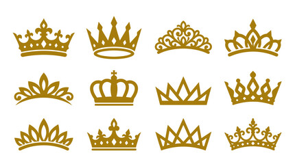 Group of twelve golden tiara and crown vector silhouettes. © perkasa99