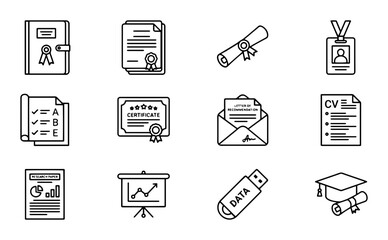Fototapeta premium Business Achievement Icons: Certificates, Diplomas, CVs, and Data Vector Set