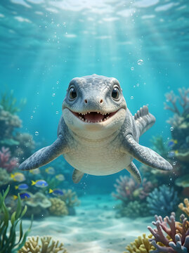 Cute 3D Animated Sea Turtle Swimming in a Vibrant Colorful Coral Reef Underwater with Sunlight Beams