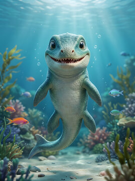 Adorable baby mosasaur swimming in a vibrant coral reef teeming with colorful fish and marine plants, a delightful underwater scene