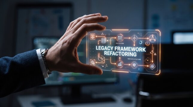 Futuristic digital display illustrating 'Legacy Framework Refactoring,' a key concept in software modernization, system optimization, and digital transformation for modern businesses