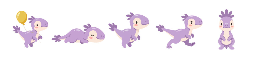 Cute Kawaii Purple Baby Dinosaur Pose Collection in Pastel Prehistoric Style © Felipe