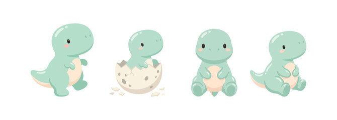 Cute Kawaii Mint Green Baby Dinosaur Pose Collection in Pastel Dinosaur Style © Felipe