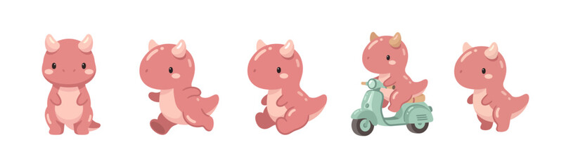 Cute Kawaii red Baby Dinosaur Pose Collection in Pastel Prehistoric Style © Felipe