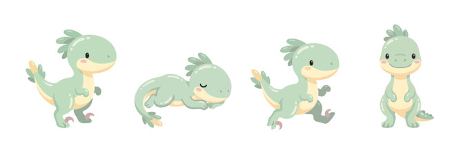 Cute Kawaii Green Baby Dinosaur Pose Collection in Pastel Prehistoric Style © Felipe