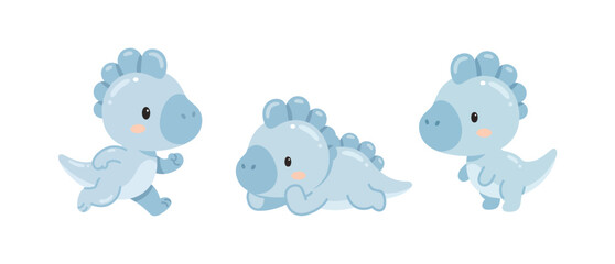 Cute Kawaii Blue Baby Triceratops Pose Collection in Pastel Dinosaur Style © Felipe