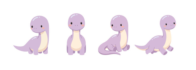 Cute Kawaii Purple Baby Brontosaurus Pose Collection in Pastel Dinosaur Style © Felipe