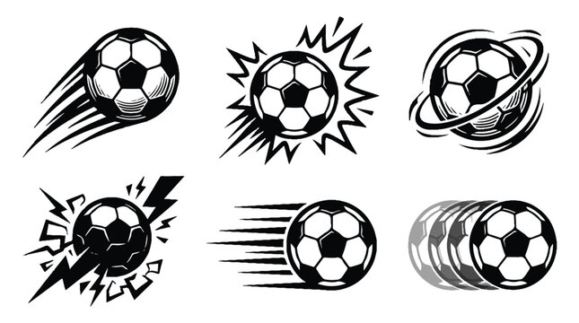 Several soccer balls move quickly in various directions and styles.