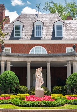 Brick Mansion Portico Overlooking Formal Flower Garden At Hillwood Estate Museum Washington DC