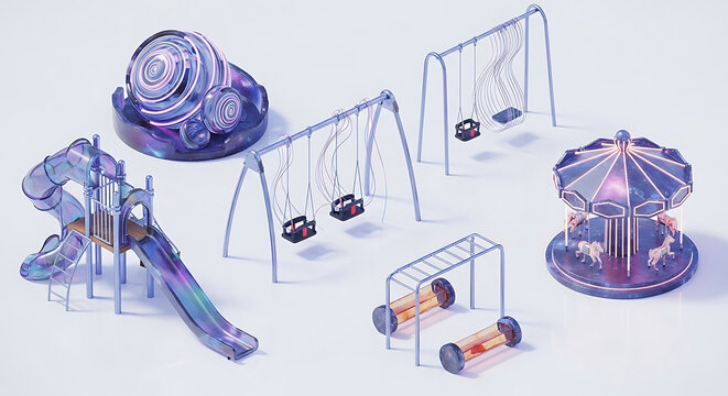 Futuristic playground equipment set with a glowing swing iridescent slide and cosmic carousel in digital clipart style