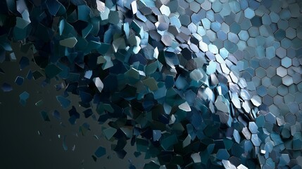 Obraz premium Ceramic mosaic shattering into indigo and emerald fragments, wide view
