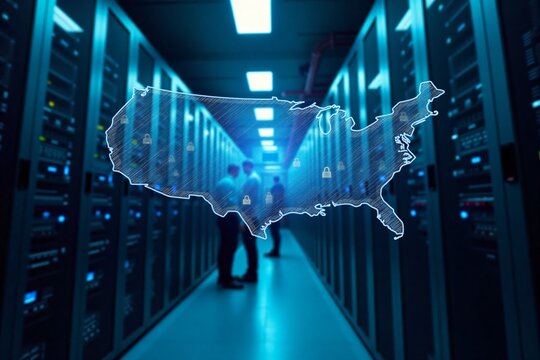 Cybersecurity data protection concept with glowing USA map and padlocks overlay in modern server room with blue lights and IT staff
