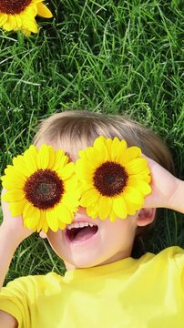 A happy child holds sunflowers in his hands like sunglasses. Slow motion, top view, vertical video