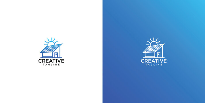Solar house logo design template with sun and solar panels on the roof for green energy company