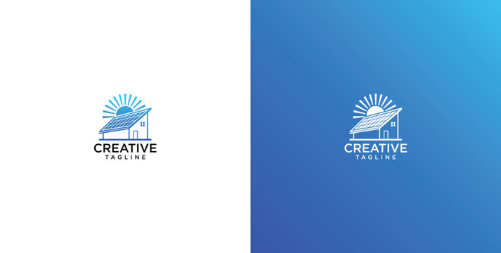 Sustainable solar energy house logo with sun rays and clean modern architecture design for renewable power company branding