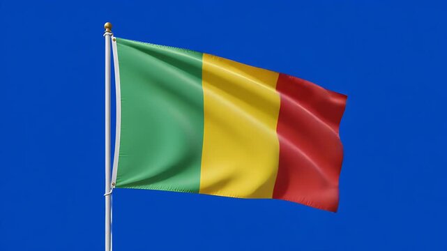 Vibrant Malian flag waving proudly against a plain blue screen background, symbolizing national pride and unity on independence day, perfect for news reports