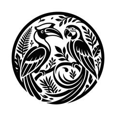 Circular hornbill and parrot silhouette with tropical foliage. © Badi