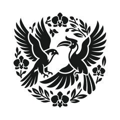 Falcon and hornbill silhouette with orchid flowers circular graphic. © Badi
