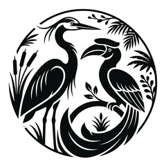 Heron and hornbill silhouette in circular jungle frame © Badi