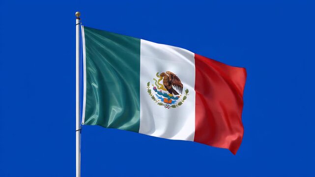 Dynamic Mexican flag waving proudly against a plain blue screen background, celebrating national pride and patriotic spirit in a stunning display