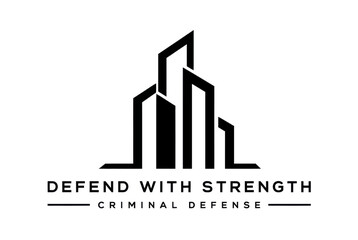 Fototapeta premium Modern city skyscraper silhouette with criminal defense text logo.