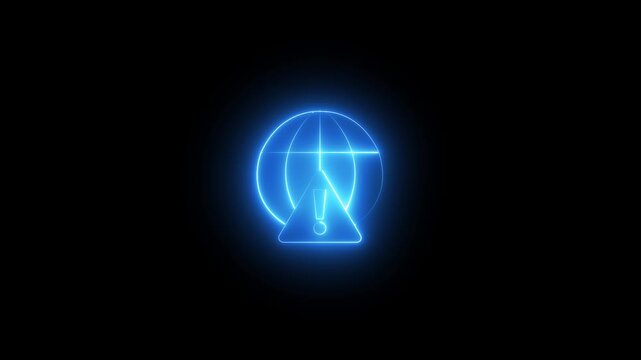 neon warning signal appears on a digital globe animation isolated on a black background. Futuristic global alert icon with a luminous Earth outline representing worldwide security, cyber threats,