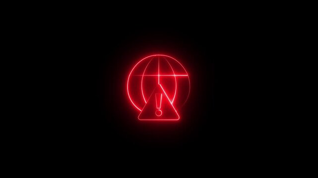 neon warning signal appears on a digital globe animation isolated on a black background. Futuristic global alert icon with a luminous Earth outline representing worldwide security, cyber threats,