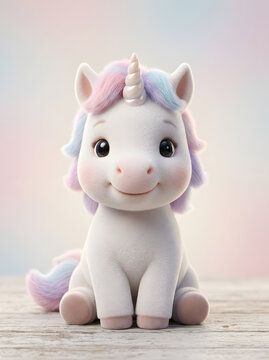 Adorable fluffy unicorn with pastel mane and horn, sitting on a wooden surface, perfect for children's stories and fantasy themes