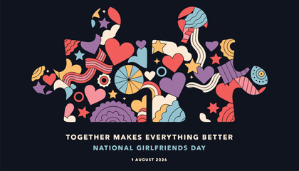 Fototapeta premium Two colorful puzzle pieces representing friendship and love for girlfriends day