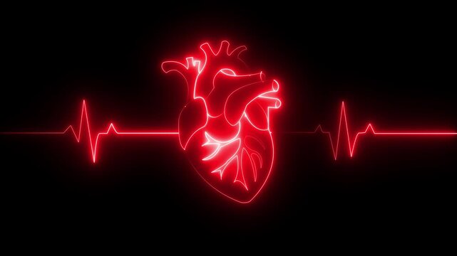 neon heartbeat line animation isolated on a black background. Futuristic ECG pulse icon with luminous electrocardiogram waveform representing heart health, medical monitoring, healthcare