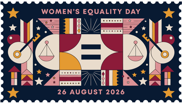 Artistic postage stamp celebrating women equality day with geometric flat design