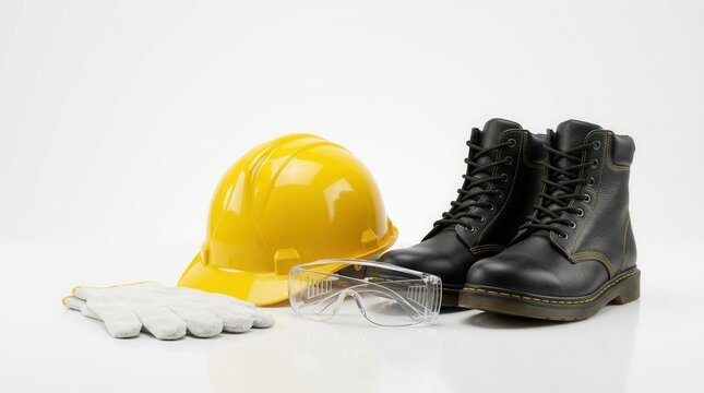 Industrial safety equipment such as a yellow hard hat, protective glasses, gloves, and safety shoes on a white surface.