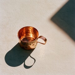Fototapeta premium Hand-forged copper measuring cup with hammered patina on concrete